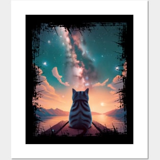 Cat Milky Way Galaxy Starry Night Kitten Cats Lover Cute Posters and Art